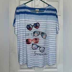 Stylish Blue and White Striped Tee with Sunglasses Graphic